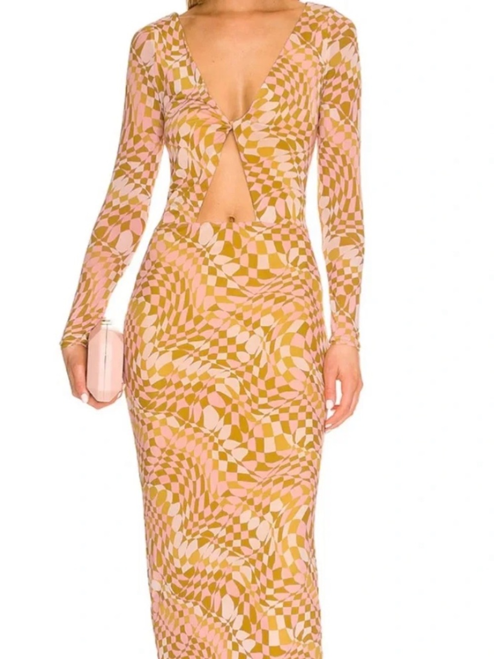 AFRM Pink & Mustard Geometric Knot-Front Cut-Out Long Sleeve Maxi Bodycon Dress